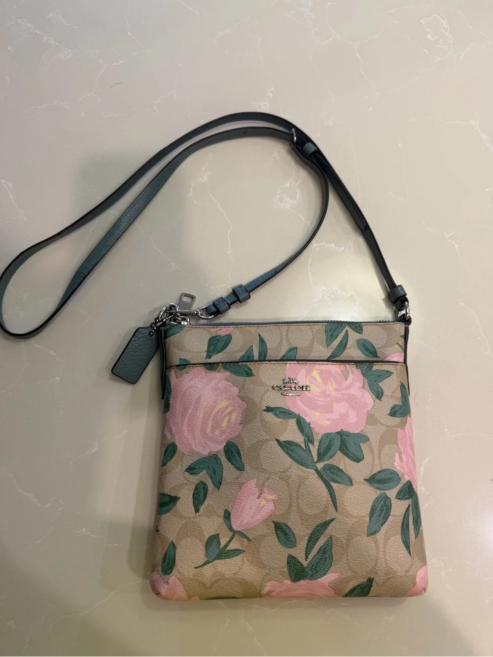 Coach Rose Floral Print Crossbody Bag in Tan and Pink